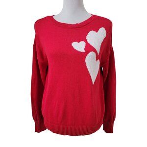 LOFT Size M Red with White Heart Long Sleeve Crew Neck Sweater, Gently Used